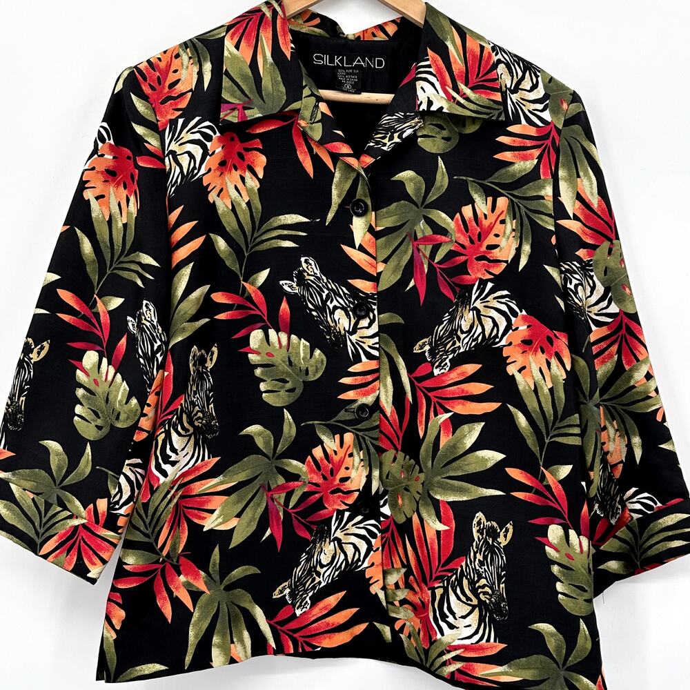 Silkland Zebra 100% Silk Jacket Blazer Womens Size 8 Black Tropical Palm EUC